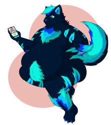  2021 3_toes 5_fingers anthro arcanine belly belly_hair bent_arm bent_legs big_belly blue_body blue_claws blue_eyes blue_fur blue_hair blue_inner_ear blue_pawpads blue_tail body_hair canid canine cellphone chest_tuft claws closed_smile digital_drawing_(artwork) digital_media_(artwork) electronics english_text fan_character feet fingers floof_(yesparadox) fluffy fluffy_tail fur generation_1_pokemon hair hi_res holding_cellphone holding_object holding_phone looking_at_object male mammal moobs mouth_closed multicolored_body multicolored_fur multicolored_tail nintendo nude_anthro nude_male obese obese_anthro obese_male overweight overweight_anthro overweight_male pawpads phone pokemon pokemon_(species) short_hair simple_background sitting smile solo tail text theannoyingnpc thick_thighs toe_claws toes tuft white_background 