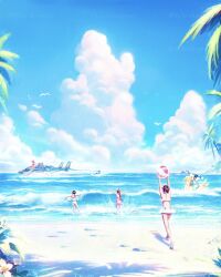  3boys 3girls absurdres aerith_gainsborough aerith_gainsborough_(pink_mermaid) ball barret_wallace barret_wallace_(junon_naval_crew) beach beachball bikini bikini_skirt bird blue_sky cloud_strife cloud_strife_(ocean_chocobo) final_fantasy final_fantasy_vii final_fantasy_vii_rebirth final_fantasy_vii_remake flower highres multiple_boys multiple_girls ocean official_alternate_costume palm_tree red_xiii seagull sky swim_ring swimsuit tifa_lockhart tifa_lockhart_(shining_spirit) tree tylor_hepner yuffie_kisaragi yuffie_kisaragi_(summer_orange) 