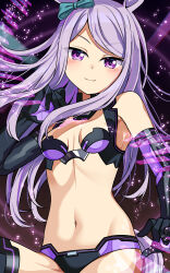  animal_ears aqua_bow bare_shoulders bikini black_bikini black_footwear black_gloves boots bow breasts choujigen_game_neptune_mk2 cleavage closed_mouth commentary_request cosplay cowboy_shot ear_bow elbow_gloves female gloves hand_up highres horse_ears horse_girl horse_tail long_hair looking_at_viewer mejiro_mcqueen_(umamusume) midriff navel neptune_(series) purple_eyes purple_hair purple_sister purple_sister_(cosplay) sidelocks small_breasts smile solo swept_bangs swimsuit tail thigh_boots umamusume yasume_yukito 