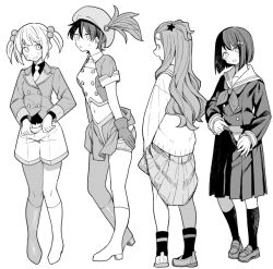  4girls blush gloves greyscale hair_bobbles hair_ornament hat kneehighs long_hair long_sleeves monochrome multiple_girls original school_uniform serafuku short_hair shorts skirt socks tanaka_ahiru twintails 