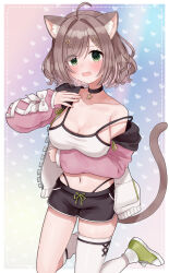  @_@ ahoge animal_ears arm_under_breasts asymmetrical_legwear bare_shoulders black_choker black_shorts breasts brown_hair camisole cat_ears cat_girl cat_tail choker cleavage collarbone commission crop_top dolphin_shorts drawstring embarrassed female green_eyes hair_ornament hairclip hand_up highleg highres indie_virtual_youtuber jacket kemonomimi_mode kneehighs kneeling long_sleeves looking_at_viewer medium_breasts midriff miori_celesta miori_celesta_(6th_costume) mole mole_on_armpit mole_on_thigh navel oerba_yun_fang off_shoulder official_alternate_costume open_clothes open_jacket open_mouth panty_straps pink_sleeves shirt shoes short_hair short_shorts shorts single_kneehigh single_sock single_thighhigh skeb_commission skindentation sleeveless sleeveless_shirt sneakers socks solo spaghetti_strap stomach strap_slip sweat tail thighhighs thighs tori_ririisu virtual_youtuber white_jacket white_shirt white_socks white_thighhighs 