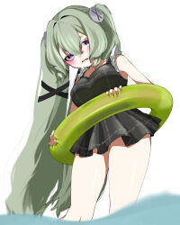  absurdres adapted_costume bare_shoulders black_dress blush breasts commentary_request corin_wickes dress female green_hair green_innertube hair_between_eyes hair_intakes highres innertube long_hair looking_at_viewer omochi_(pixiv_73433243) open_mouth partially_submerged pink_eyes screw_hair_ornament short_dress simple_background sleeveless sleeveless_dress small_breasts solo swim_ring twintails very_long_hair water white_background zenless_zone_zero 