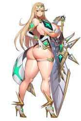  aegis_sword_(xenoblade) ass bare_shoulders blonde_hair breasts chest_jewel cleavage cleavage_cutout clothing_cutout core_crystal_(xenoblade) dress earrings elbow_gloves female floating_earring gem gloves gurimjang headpiece highres huge_ass huge_breasts jewelry large_breasts long_hair looking_at_viewer microdress mythra_(xenoblade) smile solo swept_bangs tiara very_long_hair xenoblade_chronicles_(series) xenoblade_chronicles_2 yellow_eyes 