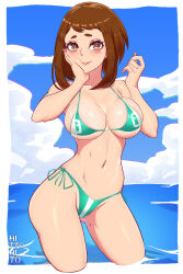  absurdres artist_name bikini blue_sky boku_no_hero_academia breasts brown_eyes brown_hair closed_mouth cloud day female green_bikini hand_on_own_cheek hand_on_own_face highres hitto_hito large_breasts light_blush looking_at_viewer navel ocean skindentation sky solo swimsuit uraraka_ochako wading 