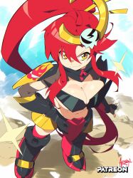  absurdres aetherion artist_name belly blue_sky breasts cleavage cosplay female gurren-lagann gurren-lagann_(cosplay) highres large_breasts long_hair looking_at_viewer looking_up navel ponytail red_hair sky solo sunglasses tengen_toppa_gurren_lagann yellow_eyes yoko_littner 