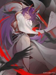  acheron_(honkai:_star_rail) arm_up asymmetrical_horns bird female highres holding holding_sword holding_weapon honkai:_star_rail honkai_(series) horns japanese_clothes kimono legs long_hair miyoushe_watermark oajmrhxywlj3ugx obi official_alternate_costume purple_eyes purple_hair red_sash sash solo sword weapon white_kimono 