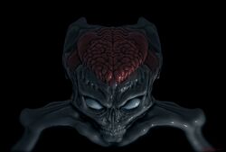  2014 alien ambiguous_gender black_background bust_portrait cinemamind creepy digital_media_(artwork) digital_painting_(artwork) empty_eyes exposed_brain front_view glistening glistening_body hi_res humanoid martian not_furry portrait simple_background solo teeth zbrush 