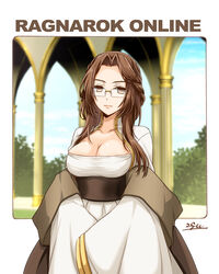  20nigu black_sash blue_sky breasts brown_eyes brown_hair cleavage cleavage_cutout closed_mouth clothing_cutout cloud column commentary_request commission copyright_name cowboy_shot day dress expressionless female glasses large_breasts long_hair looking_at_viewer mature_female niren parted_bangs pillar ragnarok_online rectangular_eyewear rimless_eyewear sash sign skeb_commission sky sleeves_past_fingers sleeves_past_wrists solo white_dress wide_sleeves 