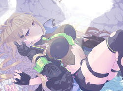  2girls absurdres arm_at_side armband assault_lily belt black_gloves black_jacket black_shirt black_shorts black_thighhighs blonde_hair blurry blurry_background blurry_foreground breasts brown_shirt bruise bruise_on_face bruise_on_leg bruise_on_stomach closed_mouth collared_shirt commentary_request crack cracked_floor cracked_wall day depth_of_field feet_out_of_frame fingerless_gloves from_above gloves green_armband green_necktie hair_ornament hair_spread_out hairclip hand_up high_collar highres indoors injury jacket knees_up large_breasts long_hair long_sleeves looking_at_viewer looking_to_the_side lying midriff miyagawa_takane multiple_girls naridon navel necktie official_alternate_costume on_back on_floor open_clothes open_jacket out_of_frame pinky_swear purple_belt purple_eyes shade shirt short_shorts shorts sideways_glance skindentation smile solo_focus stomach thigh_strap thighhighs torn_clothes torn_jacket torn_necktie torn_shirt torn_shorts torn_sleeves torn_thighhighs two-tone_shirt very_long_hair wavy_hair 