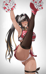  absurdres ahoge armpits arms_up ass bandaid bandaid_on_leg bay_(nikke) black_eyes black_hair black_socks black_thighhighs blonde_hair blush breasts cheerleader collar colored_inner_hair crop_top dark-skinned_female dark_skin facial_tattoo female goddess_of_victory:_nikke hair_intakes hairband highres large_breasts leg_up long_hair mole mole_on_leg mole_on_stomach mole_under_eye mole_under_mouth multicolored_hair open_mouth panties pom_pom_(cheerleading) ponytail pumi_puru red_hair red_shirt red_skirt shirt shoes sideboob single_thighhigh skindentation skirt sneakers socks solo spiked_collar spikes split standing standing_on_one_leg standing_split star_tattoo streaked_hair sweat tattoo teeth thick_thighs thigh_strap thighhighs thighs torn_clothes torn_socks torn_thighhighs underboob underwear upper_teeth_only white_panties 