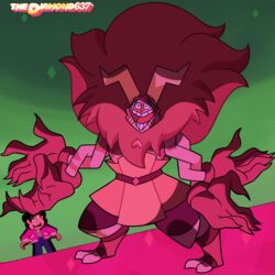  1:1 2_horns 4_arms alien alien_humanoid ambiguous_gender belt cartoon_network clothed clothing diamond_(gem_species) duo fan_character gem_(species) gem_fusion heart_symbol hi_res horn horned_humanoid human humanoid jasper_(gem) jasper_(steven_universe) mammal mane multi_arm multi_limb not_furry open_mouth open_smile papaya_quartz_(thediamond637) smile spinel_(gem) spinel_(steven_universe) steven_quartz_universe steven_universe style_emulation style_parody teeth thediamond637 toony 