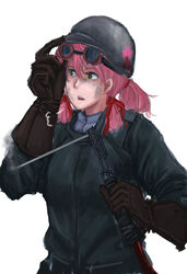  akashi_(kancolle) alternate_hairstyle commentary_request dirty dirty_face female gloves goggles green_eyes hair_ribbon helmet kantai_collection lawzanid long_hair open_mouth photoshop_(medium) pink_hair ribbon solo tress_ribbon tri_tails welding welding_goggles welding_torch 