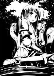  :t akino_sora apple armor boobplate boots breastplate breasts closed_mouth commentary_request eating female food forest from_side fruit greyscale holding imminent_rape knight long_hair lord_knight_(ragnarok_online) monochrome nature outdoors photoshop_(medium) pleated_skirt ragnarok_online sitting skirt slimy small_breasts solo spikes tentacle wariza 