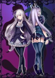  2girls ass black_footwear black_legwear black_panties black_skirt blue_background blue_legwear commentary_request company_connection dodonpachi dodonpachi_saidaioujou ere_(2516325) flower full_body garter_straps gothic_wa_mahou_otome hair_flower hair_ornament long_hair looking_back maria_(saidaioujou) multiple_girls panties pantyhose purple_background purple_flower purple_rose rosalie_(gothic_wa_mahou_otome) rose shoes skirt thighhighs underwear very_long_hair white_hair 