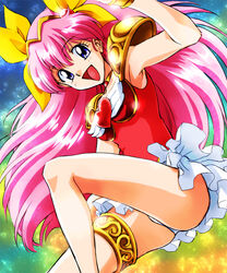  :d ai_tenshi_densetsu_wedding_peach armor bare_legs blue_eyes bridal_garter brooch commentary_request female hair_ribbon hanasaki_momoko heart heart_brooch jewelry long_hair magical_girl miniskirt multicolored_background nekomaru open_mouth pauldrons photoshop_(medium) pink_hair ribbon shoulder_armor skirt smile solo tiara wedding_peach white_skirt wing_brooch yellow_ribbon 