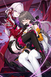  2girls bare_shoulders black-framed_eyewear black_choker black_gloves black_shorts black_thighhighs boots braid bright_pupils choker commentary_request crop_top entropy_(honkai_impact_3rd) female_dreamseeker_(honkai_impact) glasses gloves grey_hair hair_between_eyes high_heel_boots high_heels highres honkai_(series) honkai_impact_3rd jacket leash long_hair long_sleeves looking_at_viewer midriff multiple_girls open_mouth purple_eyes red_eyes red_shirt ririko_(zhuoyandesailaer) semi-rimless_eyewear shirt short_shorts shorts skindentation smile thelema_(honkai_impact) thigh_boots thigh_strap thighhighs thighs under-rim_eyewear very_long_hair white_hair white_thighhighs wristband yellow_jacket yuri 