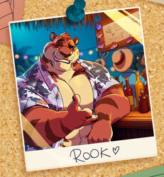  5_fingers aloha_shirt ambiguous_species anthro bar biped bottle brown_body brown_fur claws clothed clothing container detailed_background facial_piercing felid fingers fur group guffaw hair half-closed_eyes looking_at_viewer male mammal multicolored_body multicolored_fur muscular muscular_anthro muscular_male narrowed_eyes night nose_piercing nose_ring open_clothing open_shirt open_topwear orange_body orange_fur outside palm_tree pantherine pattern_clothing pattern_shirt pattern_topwear piercing plant polaroid_photo ring_piercing shirt smile solo_focus standing tan_body tan_fur teeth text thumb_tack tiger topwear tree whisker_spots 