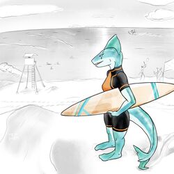  1:1 2024 background_character beach blue_body blue_skin clothed clothing detailed_background digital_drawing_(artwork) digital_media_(artwork) female fin fish fully_clothed glistening glistening_body glistening_skin greyscale_background head_fin hi_res marine metaphos perspective shark solo_focus surfboard wetsuit 