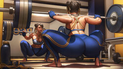  abs ass ass_focus azuma_yasuo barbell black_hair blue_pants blue_sports_bra bottle breasts capcom chun-li double_bun dumbbell exercising female fingerless_gloves gloves gym hair_bun hair_ribbon highres looking_at_mirror mirror muscular muscular_female pants red_nails reflection ribbon solo sports_bra squatting stirrup_legwear street_fighter strong thermos toeless_legwear unworn_footwear water_bottle weightlifting weights workout_clothes yellow_ribbon yoga_pants 