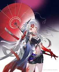  absurdres acheron_(honkai:_star_rail) black_choker black_coat black_gloves black_shorts body_markings breasts chains choker cleavage coat coattails colored_extremities commentary_request detached_sleeves female flower flower_over_eye gloves hair_over_one_eye highres holding holding_umbrella honkai:_star_rail honkai_(series) long_hair midriff miyoushe_watermark mo_de_shi_hou_qi_miao navel official_alternate_color oil-paper_umbrella red_eyes red_flower red_hands red_umbrella scabbard sheath sheathed short_shorts shorts single_bare_shoulder solo stomach sword umbrella weapon white_hair 