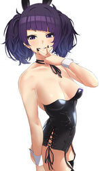  absurdres alternate_costume animal_ears armpit_crease ass bare_shoulders black_leotard black_thighhighs blunt_bangs breasts breasts_apart covered_nipples diagonal_bangs ear_piercing fake_animal_ears female fingernails from_side grin highres idolmaster idolmaster_shiny_colors leotard looking_at_viewer maza_kisuke medium_breasts nail_polish piercing playboy_bunny purple_eyes purple_hair purple_nails rabbit_ears short_twintails simple_background skindentation smile solo strapless strapless_leotard tanaka_mamimi thighhighs twintails v v_over_mouth white_background wrist_cuffs 