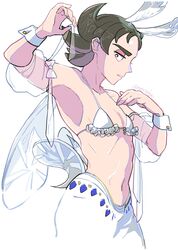  1boy alternate_costume bikini bikini_top_only black_eyes bow bright_pupils commentary_request crossdressing eyeshadow giacomo_(pokemon) hands_up highres holding looking_down makeup male_focus navel nyoripoke pants parted_lips pointy_hair pokemon pokemon_sv ribs see-through see-through_ribbon see-through_sleeves solo swimsuit white_pants white_pupils wrist_cuffs 