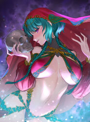  absurdres bare_shoulders bikini blush braid breasts detached_sleeves fate/grand_order fate_(series) female green_hair halterneck highleg highleg_bikini highres large_breasts long_sleeves looking_at_viewer navel parted_bangs puffy_long_sleeves puffy_sleeves purple_eyes red_bikini ri-ko salome_(fate) sarong short_hair_with_long_locks sidelocks skull smile solo swimsuit twin_braids 