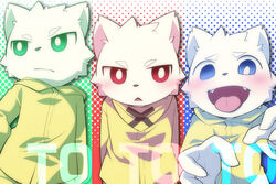  2020 anthro black_nose blue_eyes blush blushing_at_viewer clothing cute_fangs digital_media_(artwork) domestic_cat felid feline felis fur green_eyes head_tuft ko-gami looking_aside looking_at_viewer male male_anthro mammal mouth_closed open_mouth red_eyes solo teeth teeth_showing text tongue tongue_out topwear tuft white_body white_fur yellow_clothing yellow_topwear young 