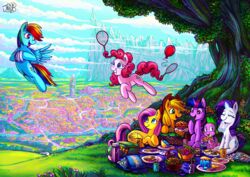  absurd_res applejack_(mlp) ball balloon basket blonde_hair clothing container cowboy_hat defying_gravity dragon earth_pony english_text equid equine female feral fluttershy_(mlp) flying food friendship_is_magic hair hasbro hat headgear headwear hi_res horn horse inflatable jowybean mammal multicolored_hair multicolored_tail my_little_pony mythological_creature mythological_equine mythological_scalie mythology napkin pegasus picnic picnic_basket picnic_blanket pink_hair pink_tail pinkie_pie_(mlp) plant plate pony ponyville rainbow_dash_(mlp) rainbow_hair rainbow_tail rarity_(mlp) scalie spike_(mlp) tail text tree twilight_sparkle_(mlp) unicorn wings 