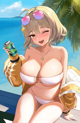  absurdres anis_(nikke) anis_(sparkling_summer)_(nikke) aviator_sunglasses bad_id bad_pixiv_id bikini bingzhi_juzi blue_sky breasts brown_eyes can cloud day drink_can eyepatch_bikini eyewear_on_head female goddess_of_victory:_nikke highres holding holding_can huge_breasts jacket jewelry light_brown_hair looking_at_viewer navel necklace ocean official_alternate_costume one_eye_closed outdoors palm_tree pink-tinted_eyewear short_hair sitting sky soda_can solo sunglasses swimsuit thighs tinted_eyewear tree white_bikini yellow_jacket 