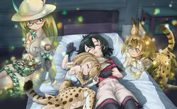  4girls :3 animal_ears bare_shoulders bed black_gloves black_hair black_pantyhose blonde_hair blush bow bowtie brown_bow brown_bowtie camouflage_trim closed_eyes collared_shirt commentary_request curled_up dual_persona elbow_gloves extra_ears fanny_pack glasses gloves green_eyes green_hair grey_shorts hairbow high-waist_skirt highres japari_symbol kaban_(kemono_friends) kemono_friends long_hair midriff_peek mirai_(kemono_friends) multiple_girls naka_(nicovideo14185763) navel necktie no_headwear pantyhose ponytail print_bow print_bowtie print_gloves print_necktie print_skirt print_thighhighs red_shirt serval_(kemono_friends) serval_print shirt short_hair short_sleeves shorts skirt sleeping sleeveless t-shirt tail thighhighs translucent two-tone_bowtie uniform white_bow white_bowtie white_shirt yellow_eyes zettai_ryouiki 