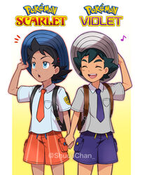  2boys :d backpack bag black_bag black_hair blue_eyes blue_headwear blue_shirt blush breast_pocket closed_eyes collared_shirt commentary_request copyright_name cosplay dark-skinned_male dark_skin eyelashes florian_(pokemon) florian_(pokemon)_(cosplay) goh_(pokemon) grey_headwear grey_shirt hand_on_headwear hat highres holding_hands male_focus multiple_boys naranja_academy_(emblem) naranja_academy_school_uniform necktie notice_lines open_mouth orange_necktie orange_shorts pocket pokemon pokemon_(anime) pokemon_journeys pokemon_sv purple_necktie purple_shorts sara_bon satoshi_(pokemon) school_uniform shirt short_hair short_sleeves shorts smile striped_clothes striped_shorts teeth tongue twitter_username upper_teeth_only uva_academy_school_uniform vertical-striped_clothes vertical-striped_shorts watermark 