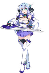  :o aqua_gemstone armpits black_gloves black_ribbon black_thighhighs blue_hair blue_skirt boots breasts cleavage elbow_gloves exs-tia female fingerless_gloves full_body gem gloves gozaru green_eyes hair_intakes hair_ribbon high_heels highres holding holding_sword holding_weapon katsuragi_marina kouyoku_senki_exs-tia long_hair looking_at_viewer medium_breasts open_mouth pleated_skirt ribbon shiny_skin simple_background skirt solo standing sword tachi-e thigh_boots thighhighs weapon white_background white_thighhighs zettai_ryouiki 