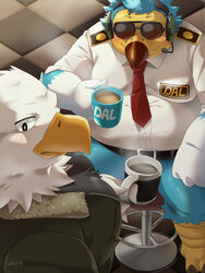  2020 3:4 accipitrid accipitriform animal_crossing anthro apollo_(animal_crossing) avian bald_eagle beak belly bird black_body blue_body blue_feathers blush chest_tuft clothing coffee_mug columbid dodo duo eagle extinct eyewear feather_tuft feathers grey_body grey_feathers hi_res kemono male multicolored_body multicolored_feathers necktie nikiciy nintendo overweight overweight_anthro overweight_male recently_extinct_species sea_eagle shirt signature sitting sunglasses topwear tuft white_body wilbur_(animal_crossing) yellow_beak yellow_body yellow_feathers 