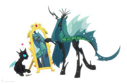  arthropod blue_eyes brush carniscorner changeling drone_(mlp) duo fangs female feral friendship_is_magic green_eyes hair hairbrush hasbro heart_symbol long_hair male mirror my_little_pony queen_chrysalis_(mlp) reflection simple_background sitting teeth white_background 