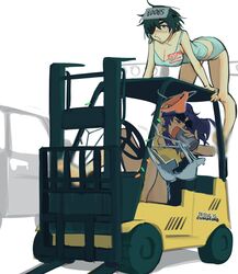  2girls beer_can black_hair blush breasts can chainsaw_man cleavage closed_eyes clothes_hanger commentary drink_can drooling drunk english_commentary eyepatch eyewear_on_head forklift grey_panties grey_tank_top highres himeno_(chainsaw_man) holding holding_can katsuragi_misato large_breasts leaning_forward liowig looking_to_the_side medium_hair mouth_drool multiple_girls neon_genesis_evangelion open_mouth panties purple_hair short_hair smile sunglasses tank_top underwear yellow_tank_top 