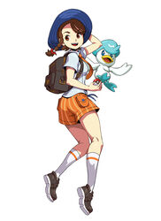  airborne backpack bag black_footwear blue_eyes blue_headwear braid breasts bright_pupils brown_bag brown_eyes brown_hair collared_shirt english_commentary female fingernails genzoman hand_on_headwear hat highres holding juliana_(pokemon) kneehighs long_hair looking_at_viewer medium_breasts naranja_academy_(emblem) naranja_academy_school_uniform necktie open_mouth orange_necktie orange_shorts pokemon pokemon_(creature) pokemon_sv quaxly school_uniform shiny_footwear shirt shoes short_sleeves shorts simple_background single_braid single_stripe smile socks striped_clothes striped_shorts teeth tongue upper_teeth_only vertical-striped_clothes vertical-striped_shorts white_pupils white_socks 