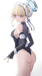  absurdres ass bare_shoulders black_leotard blonde_hair blue_archive blue_eyes blue_halo braid breasts bun_cover cake_walker commentary cowboy_shot elbow_gloves female fingerless_gloves frilled_hairband frills from_side gloves hair_bun hair_ribbon hairband halo highleg highleg_leotard highres leotard looking_at_viewer looking_to_the_side maid_headdress medium_breasts parted_lips ribbon short_hair sideboob sidelocks simple_background sleeveless sleeveless_turtleneck sleeveless_turtleneck_leotard solo thighs toki_(blue_archive) turtleneck v white_background 