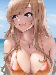  bad_id bad_twitter_id bikini blonde_hair blue_eyes blurry blurry_background breasts cleavage female highres horizon idolmaster idolmaster_cinderella_girls jewelry lamp_p9 large_breasts long_hair looking_to_the_side necklace ohtsuki_yui orange_bikini outdoors sidelocks solo sweatdrop swimsuit upper_body very_long_hair wavy_hair 