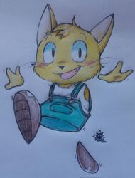  anthro blush clothing domestic_cat felid feline felis floating_feet floating_hands fur head_tuft hi_res looking_at_viewer male mammal rhonbon signature smile smiling_at_viewer traditional_media_(artwork) tuft whiskers yellow_body yellow_fur 