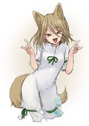  animal_ears bow breasts brown_eyes brown_hair commentary_request double_fox_shadow_puppet female fingernails fox_ears fox_girl fox_shadow_puppet fox_tail green_bow green_ribbons grey_romper hair_between_eyes hands_up highres kudamaki_tsukasa light_brown_hair looking_at_viewer medium_breasts monrooru open_mouth ribbon romper short_sleeves simple_background smile solo standing tail touhou white_background white_romper 