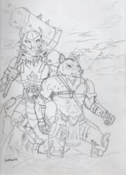  abs anthro armor bottomwear bovid bovine breastplate canid canine canis claws clothed clothing cloud duo european_mythology female gauntlets gauntlets_(weapon) gloves greek_mythology hammer handwear headgear headwear helmet horn lanwin loincloth male mammal minotaur monochrome mountain muscular muscular_anthro muscular_female muscular_male mythological_canine mythological_creature mythology outside pecs rock shoulder_guards signature snout standing straps straps_across_chest tools traditional_media_(artwork) weapon weapon_on_shoulder were werecanid werecanine werewolf wolf 