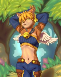  absurd_res anthro bell blonde_hair brown_body brown_fur claws clothing daena domestic_cat ear_piercing ear_ring felid feline felis female forest forest_background fur green_eyes hair hi_res legend_of_mana mammal mana_(series) midriff nature nature_background navel piercing plant pupils ring_piercing sacrificabominat sleeves slit_pupils solo square_enix topwear tree tube_top wings 