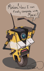  2020 2k_games black_text borderlands claptrap d_mew english_text humor machine not_furry robot shadow signature simple_background solo speech_bubble tagme text tire white_body yellow_body 