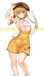  :i adapted_costume animal_ears armpits breasts dango feet_out_of_frame female food hat hataraki_kuma highres holding looking_at_viewer mg_mg one_eye_closed rabbit_ears rabbit_tail ringo_(touhou) short_hair shorts simple_background small_breasts solo suspenders tail touhou underboob wagashi white_background 