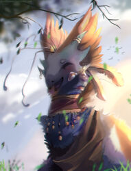  2020 bandage blush closed_eyes day detailed_background dragon falling_leaves fiona_(flight_rising) flight_rising forehead_gem fur furred_dragon furred_scalie gem grass hi_res horn horn_jewelry jewelry joyachannel mythological_creature mythological_scalie mythology neckwear open_mouth open_smile outside plant scalie sky skydancer_dragon smile solo tongue trans_(lore) trans_woman_(lore) 