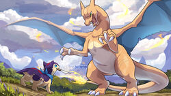  16:9 2020 3_claws 3_fingers 3_toes ambiguous_gender angry biped black_outline blitz_(gyro) blitzdrachin blue_eyes blue_kerchief blue_membrane blue_neckerchief blue_pupils blue_sky blue_wings charizard charizard_seven cheek_tuft claws cloud colored conditional_dnp countershade_tail countershade_torso countershading cute_fangs day detailed_background digital_media_(artwork) digital_painting_(artwork) duo english_text facial_scar facial_tuft fangs featureless_crotch feet feral fight finger_claws fingers fire flaming_tail fur fur_tuft generation_1_pokemon generation_2_pokemon grass green_eyes holding_knife holding_object horn iris kerchief knife landscape light looking_up mammal markings membrane_(anatomy) membranous_wings mountain mouth_hold multicolored_body multicolored_fur multicolored_tail narrowed_eyes neckerchief nintendo one_eye_obstructed open_mouth orange_body orange_tail orange_tongue orange_wings outline outside plant pokemon pokemon_(species) pokemon_mystery_dungeon prick_ears pupils purple_body purple_ears purple_fur purple_tail quadruped quilava rear_view red_spots reptile scalie scar shaded shadow signature size_difference sky slit_pupils smile snout spike_chunsoft spots spotted_body spotted_fur spread_wings standing sunlight tail teeth text three-quarter_view thumbless toe_claws toes tongue tree tuft two_tone_body two_tone_fur two_tone_tail two_tone_wings white_body white_claws white_countershading white_tail widescreen wings yellow_body yellow_fur yellow_tail 