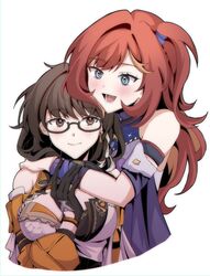  2girls bare_shoulders black_gloves blue_eyes blush breasts brown_eyes brown_hair commentary earrings entropy_(honkai_impact_3rd) female_dreamseeker_(honkai_impact) gloves highres honkai_(series) honkai_impact_3rd hug hug_from_behind jewelry large_breasts long_hair long_sleeves multiple_girls one_side_up open_mouth red_hair seha semi-rimless_eyewear senadina_(honkai_impact) simple_background single_earring symbol-only_commentary under-rim_eyewear white_background 