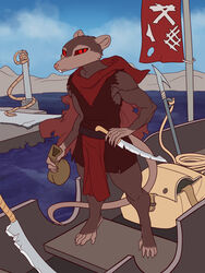  2023 3:4 5_fingers anthro bag barefoot boat brown_body brown_fur clothed clothing cloud coin_purse dagger day detailed_background feet fingers flag fur general-irrelevant hand_on_hip hi_res holding_object holding_purse looking_at_viewer male mammal melee_weapon murid murine outside pier pink_nose rat red_eyes rodent ship skaven solo standing sword tail vehicle warhammer_(franchise) warhammer_fantasy water watercraft weapon 