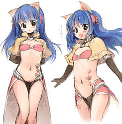  animal_ears arms_behind_back bikini bikini_top_only black_eyes blue_hair blush bow brown_capelet brown_gloves capelet cat_ears closed_mouth commentary_request elbow_gloves emurin feet_out_of_frame female flat_chest gloves hairbow long_hair looking_at_viewer mage_(ragnarok_online) majiko_(emurin) midriff multiple_views navel open_mouth paw_print_tattoo ragnarok_online red_bikini red_bow red_skirt showgirl_skirt simple_background skirt smile star-shaped_pupils star_(symbol) swimsuit symbol-shaped_pupils white_background 